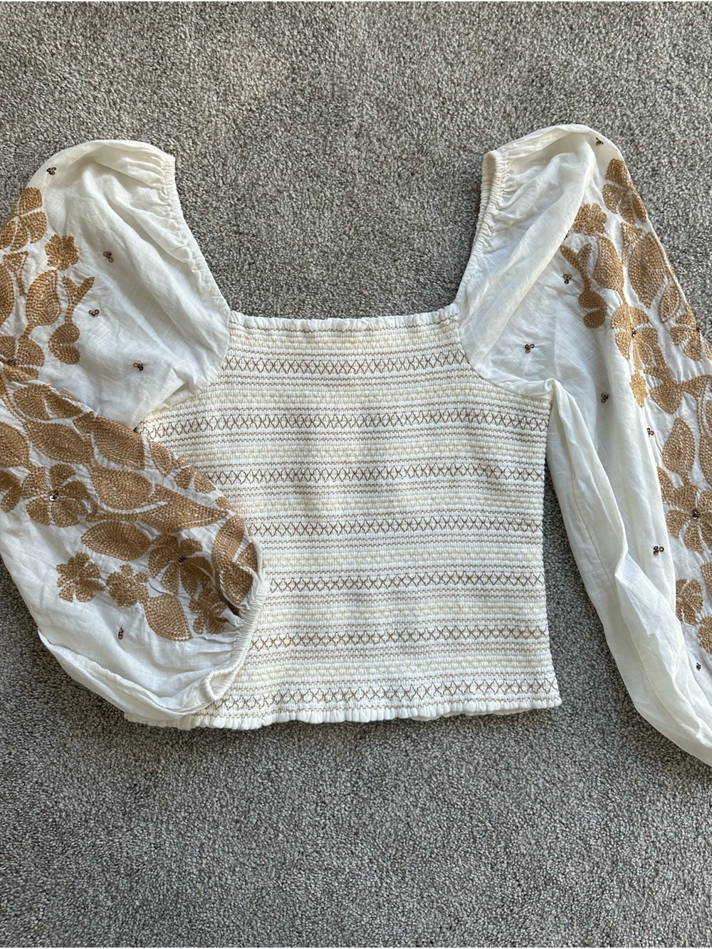 Anthropologie White Crop Top with Gold Floral Embroidery